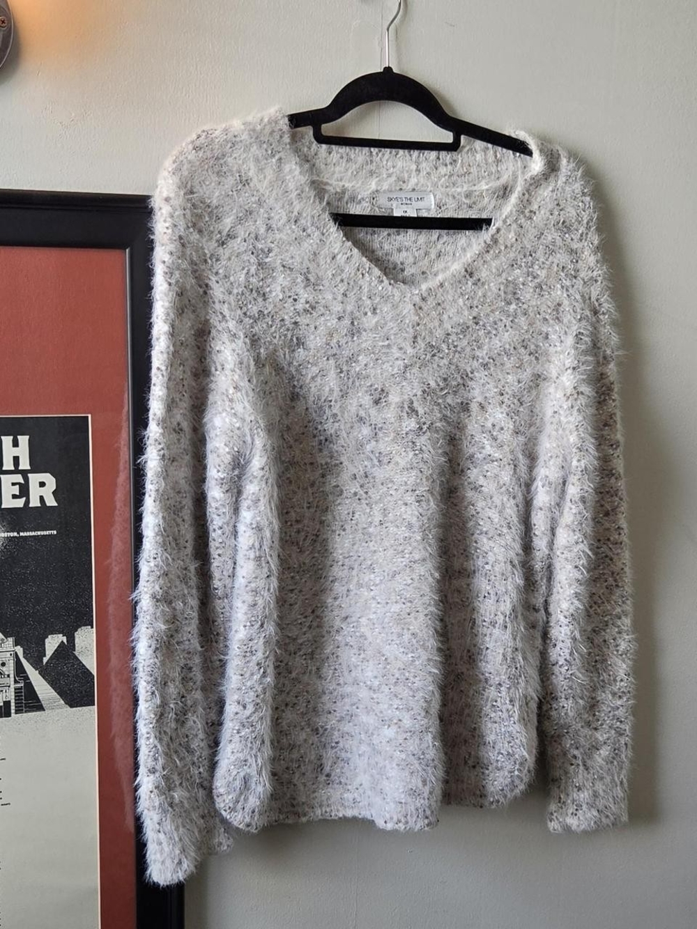 Skye's the Limit Fuzzy V-Neck Sweater in White Speckle